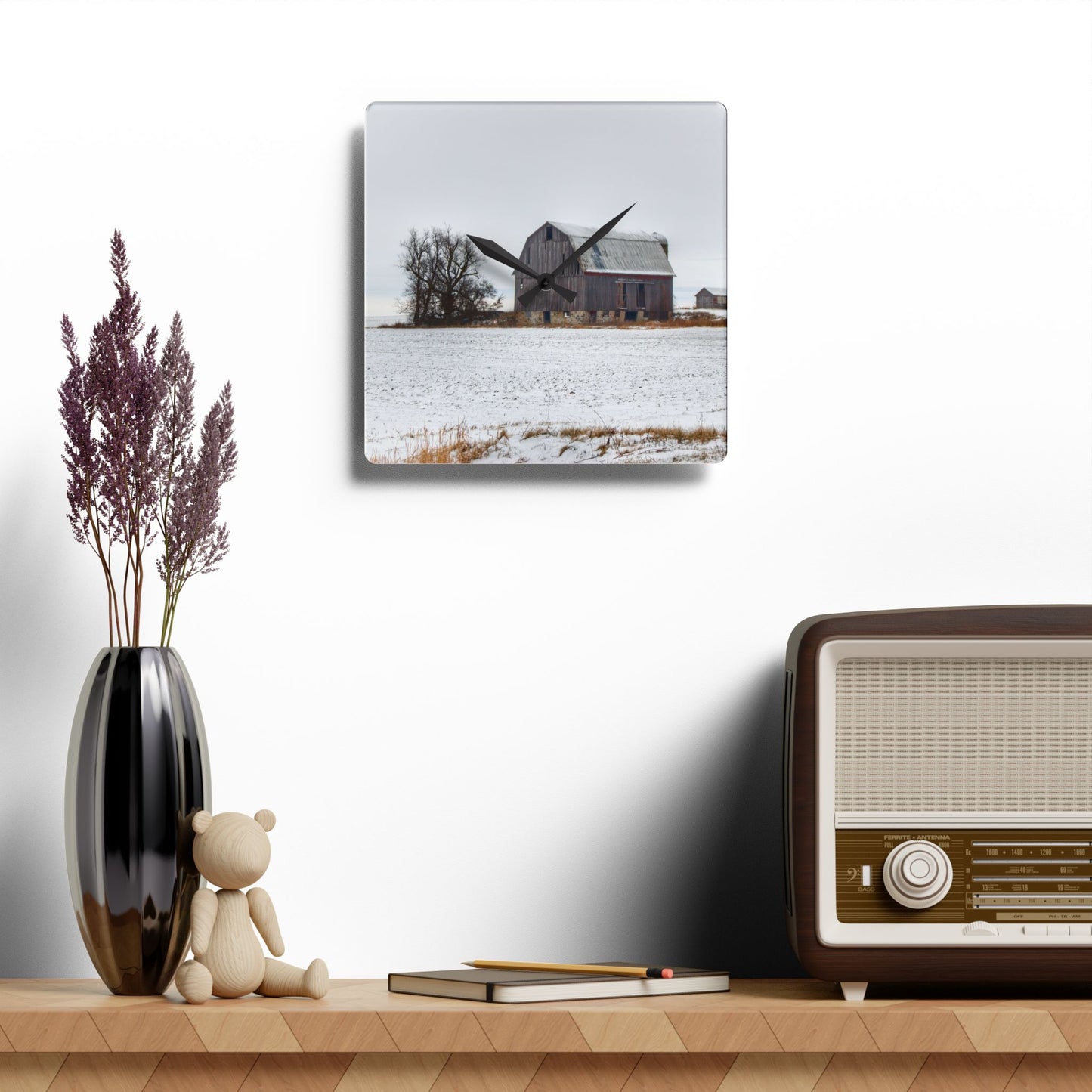 U R There Photography Frenchline Road Grey in Winter Rustic Farmhouse Acrylic Analog Wall Clock