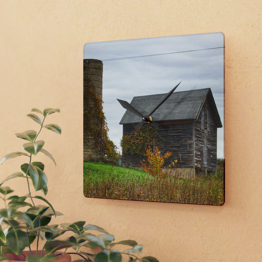 U R There Photography Fisher Road Grey Rustic Farmhouse Acrylic Analog Wall Clock