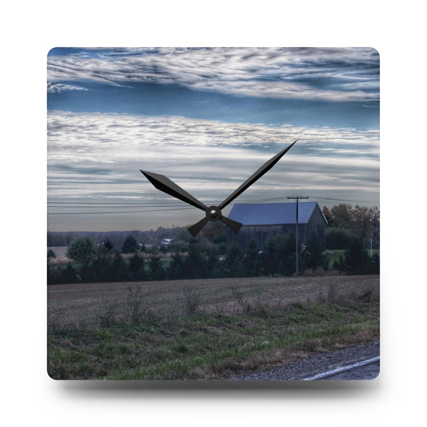 U R There Photography Burnside Road Grey Blues Rustic Farmhouse Acrylic Analog Wall Clock