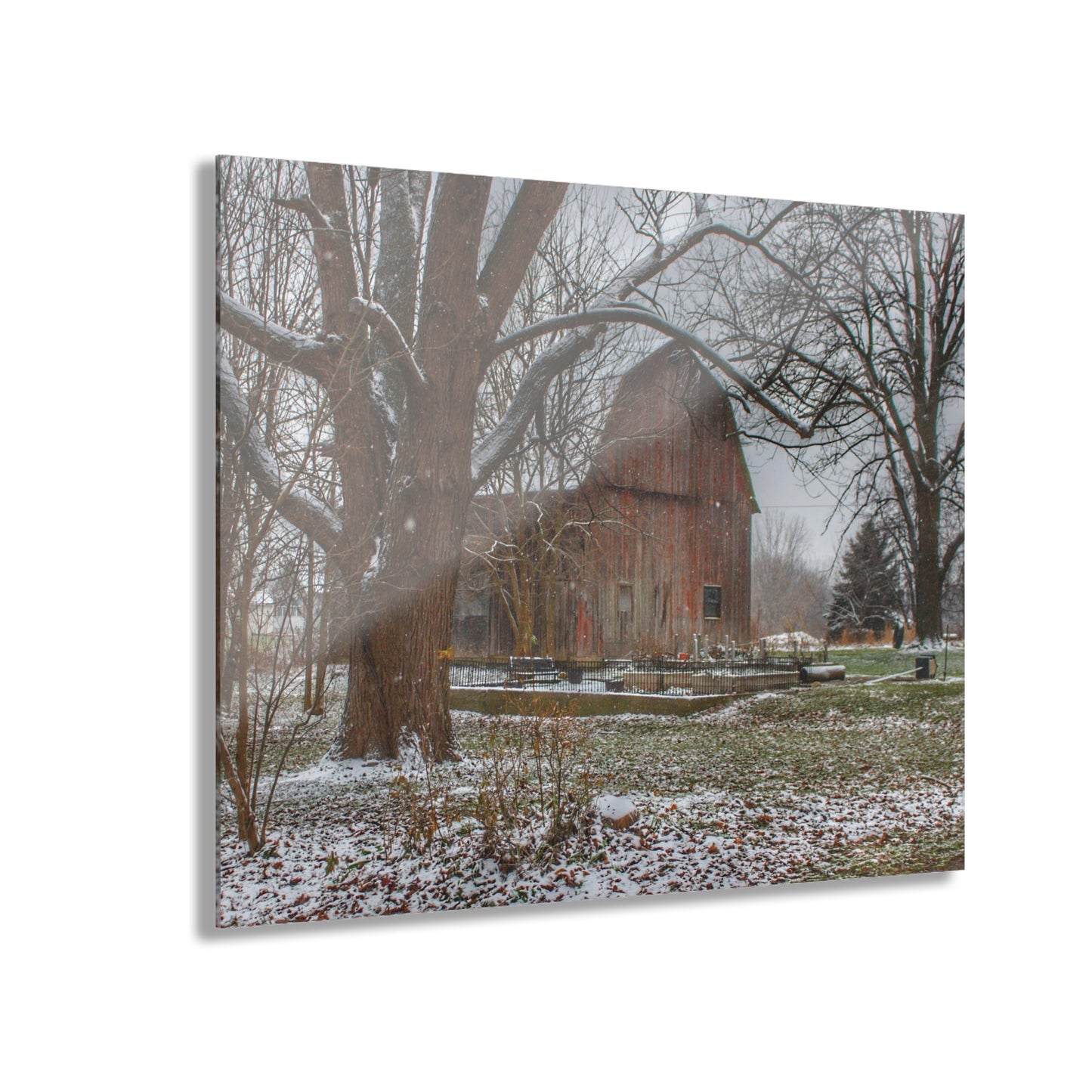 U R There Photography Bishop Road Winter Red Rustic Farmhouse Acrylic Wall Print