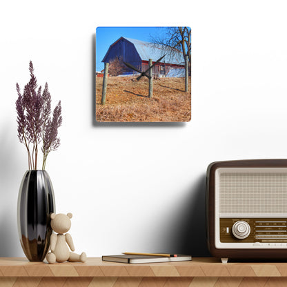 U R There Photography Marathon Haybarn on the Hill II Rustic Farmhouse Acrylic Analog Wall Clock