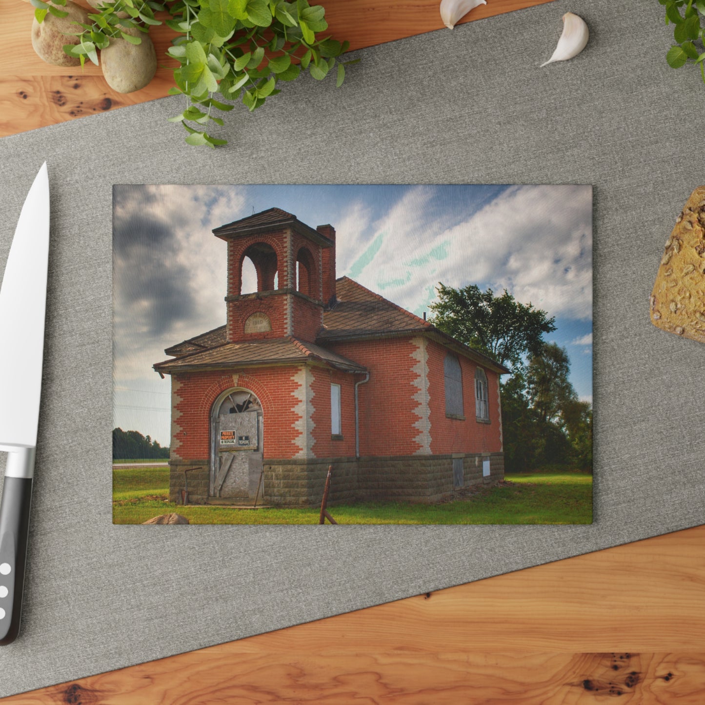 U R There Photography North Grove Road Schoolhouse I Rustic Farmhouse Tempered-Glass Cutting Board