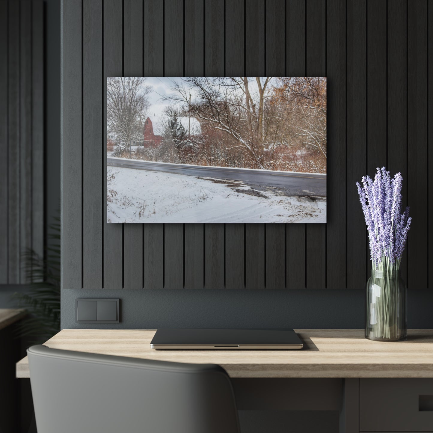 U R There Photography Dodge Road Winter Red Rustic Farmhouse Acrylic Wall Print