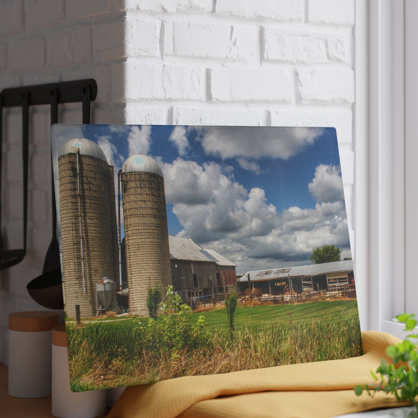 U R There Photography Millington Grey and Silos Rustic Farmhouse Tempered-Glass Cutting Board