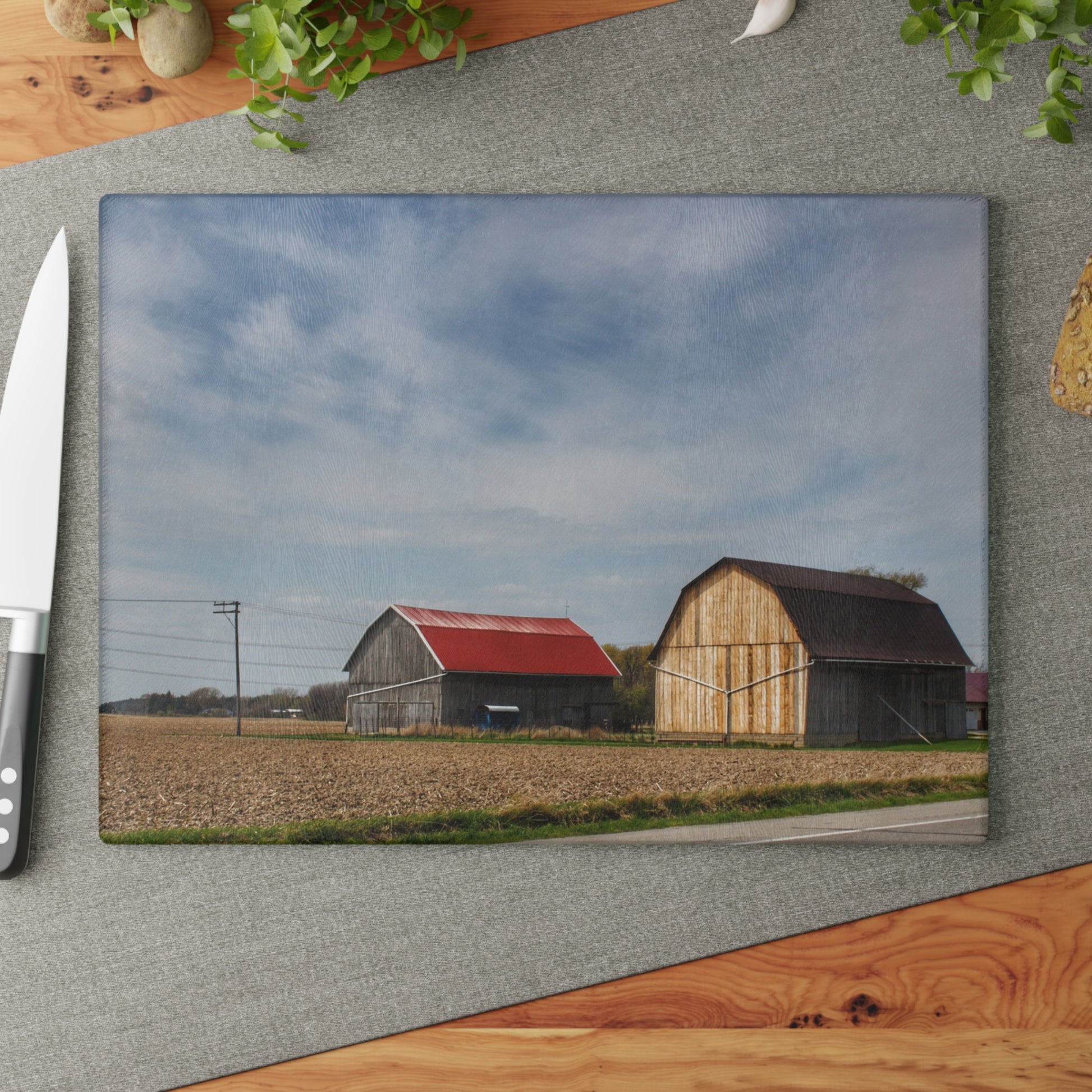U R There Photography Unionville Center Street Greys Rustic Farmhouse Tempered-Glass Cutting Board 11" x 15" Rectangle