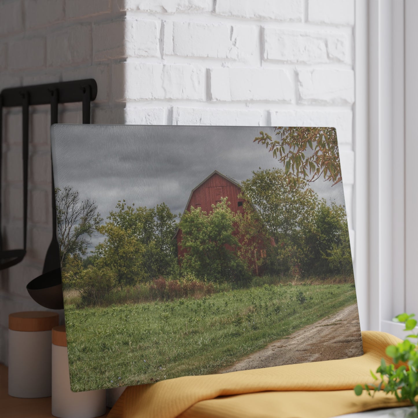 U R There Photography Bristol Road Hidden Red Rustic Farmhouse Tempered-Glass Cutting Board