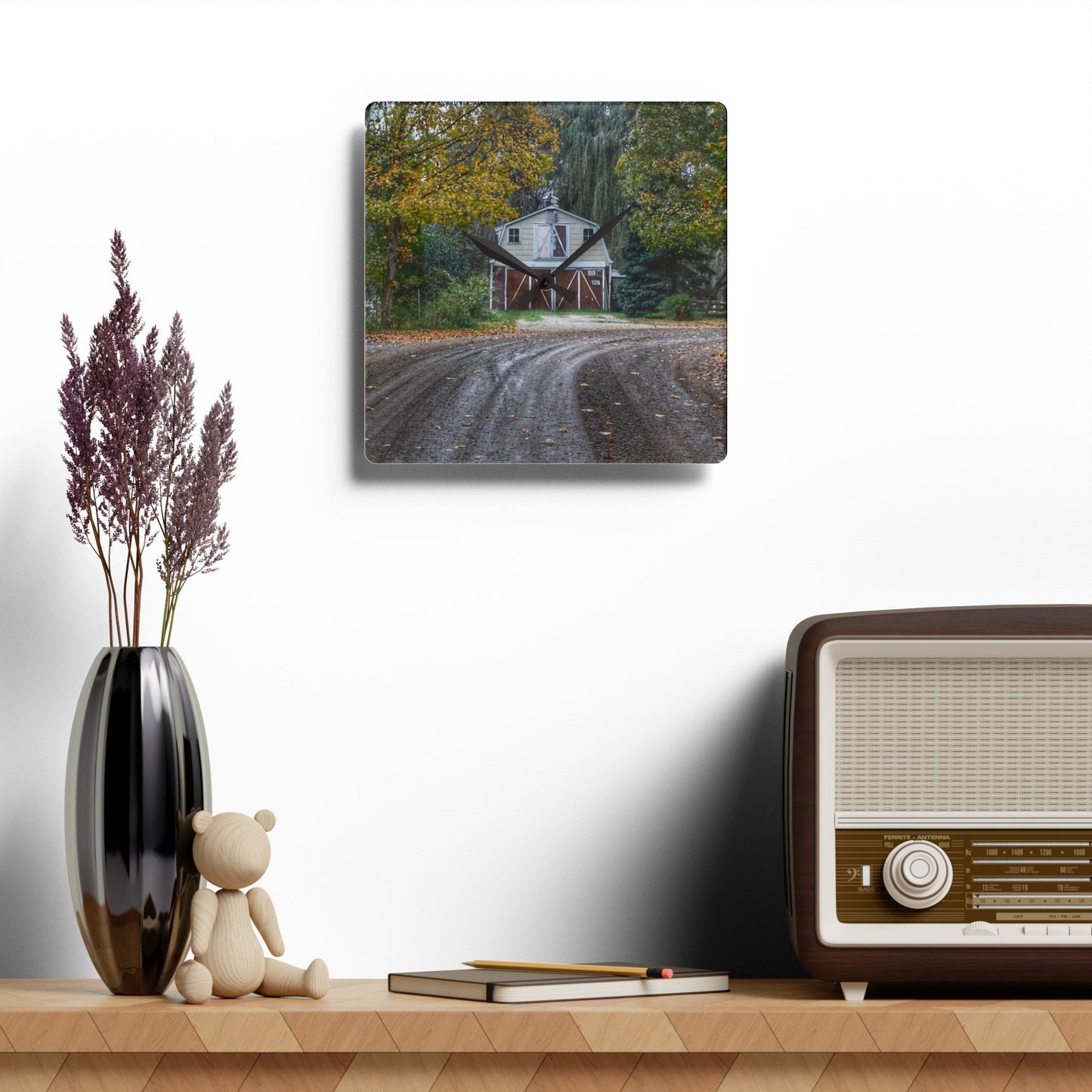 U R There Photography Barn at the Bend Rustic Farmhouse Acrylic Analog Wall Clock