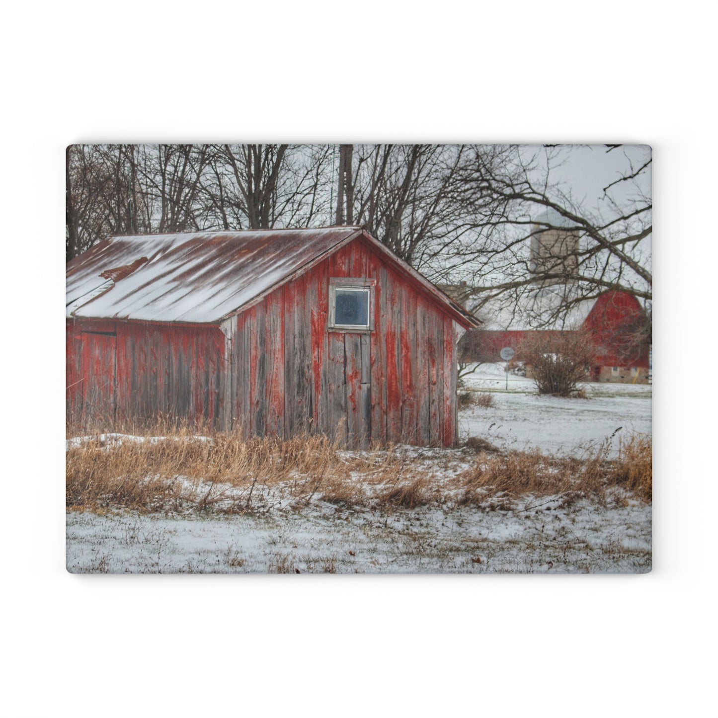 U R There Photography Frenchline Road Red Shack and Barn Rustic Farmhouse Tempered-Glass Cutting Board
