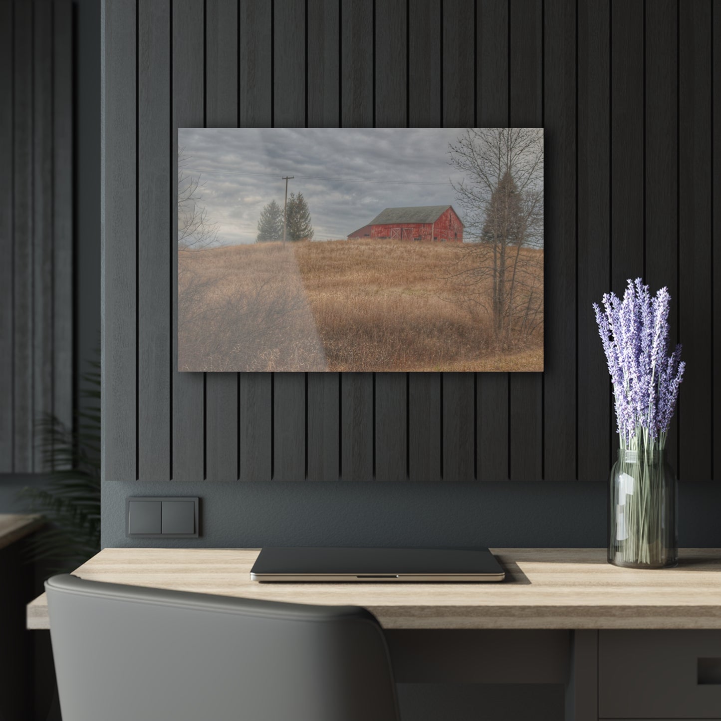 U R There Photography Grey Road Hillside Red I Rustic Farmhouse Acrylic Wall Print