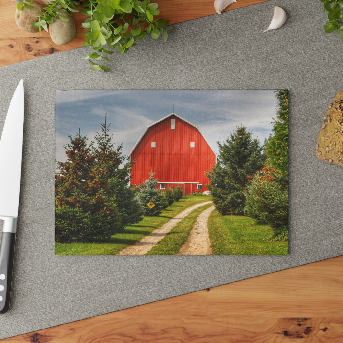 U R There Photography Brown City Road Pine Red Rustic Farmhouse Tempered-Glass Cutting Board