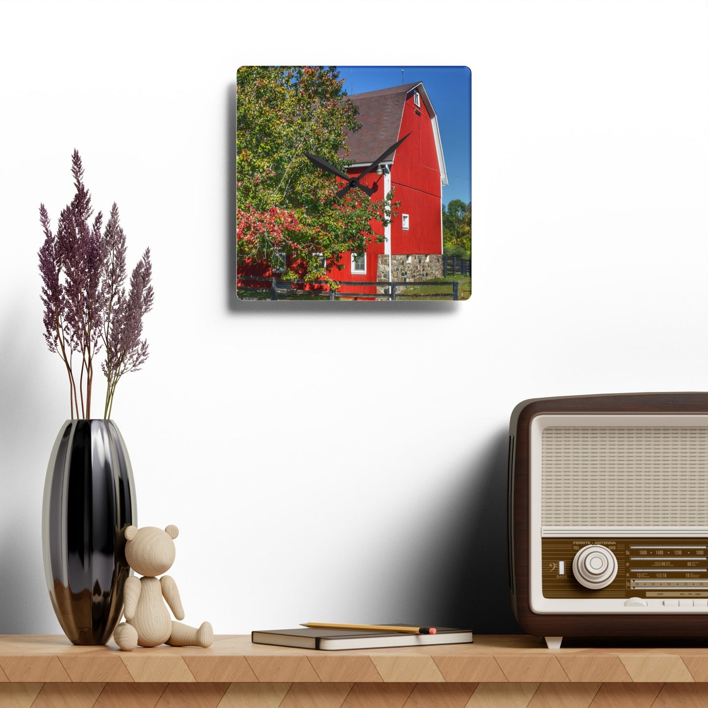 U R There Photography Oakwood Road Red Rustic Farmhouse Acrylic Analog Wall Clock