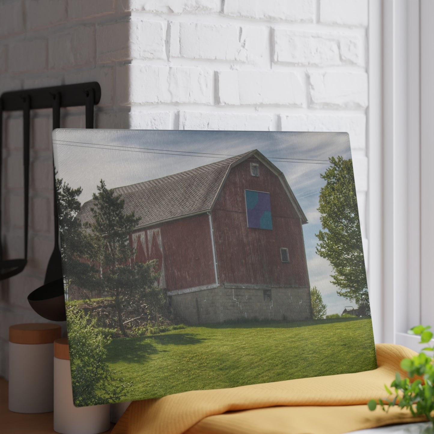 U R There Photography Mertz Road Quilted Red Rustic Farmhouse Tempered-Glass Cutting Board