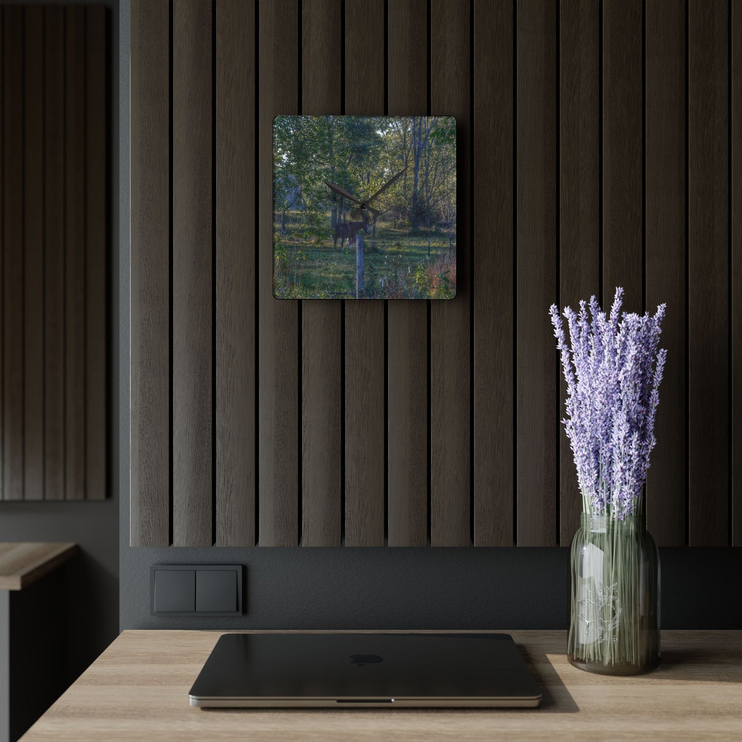 U R There Photography Chestnut Horse Among the Trees Rustic Farmhouse Acrylic Analog Wall Clock
