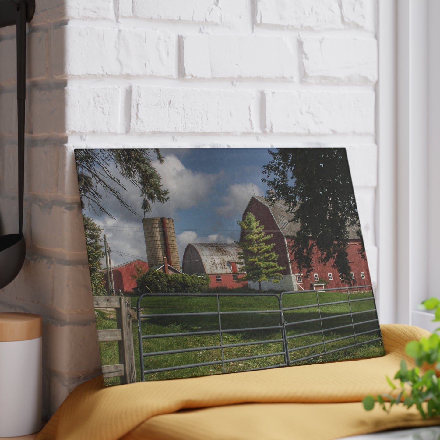 U R There Photography Hough Road Reds and Silo Rustic Farmhouse Tempered-Glass Cutting Board