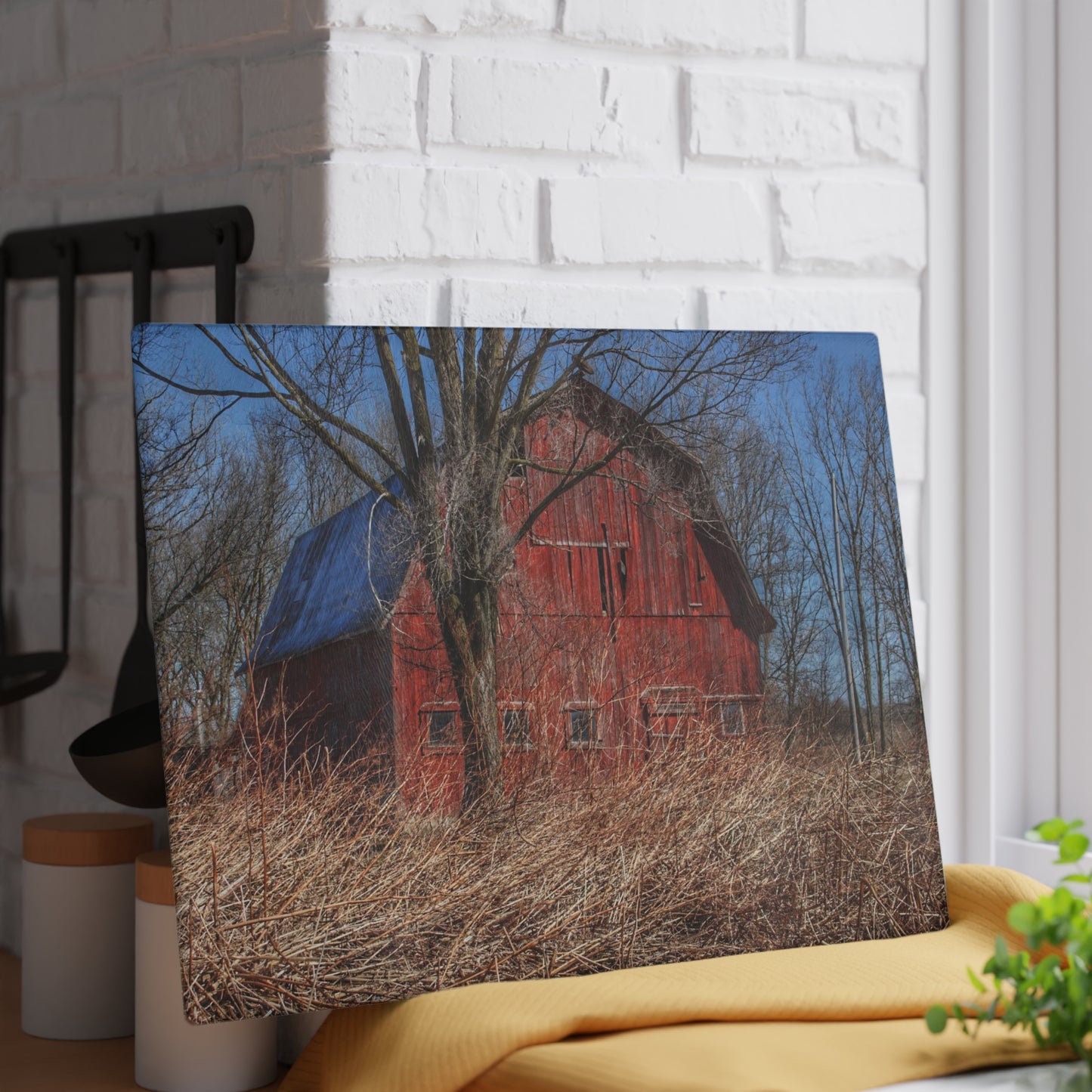U R There Photography East Dodge Road Red Rustic Farmhouse Tempered-Glass Cutting Board