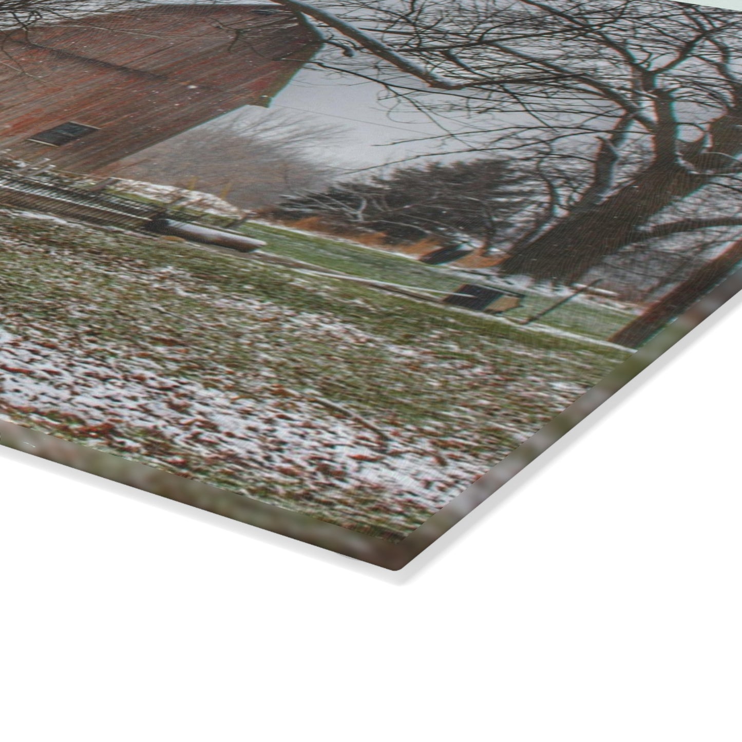 U R There Photography Bishop Road Winter Red Rustic Farmhouse Tempered-Glass Cutting Board