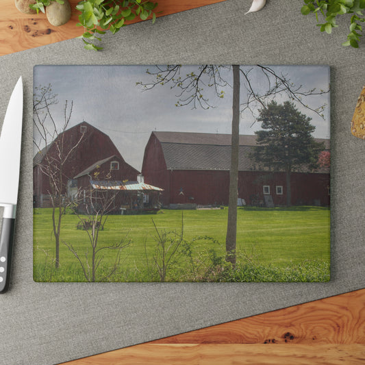 U R There Photography Bishop Road Reds I Rustic Farmhouse Tempered-Glass Cutting Board 8"x 11"