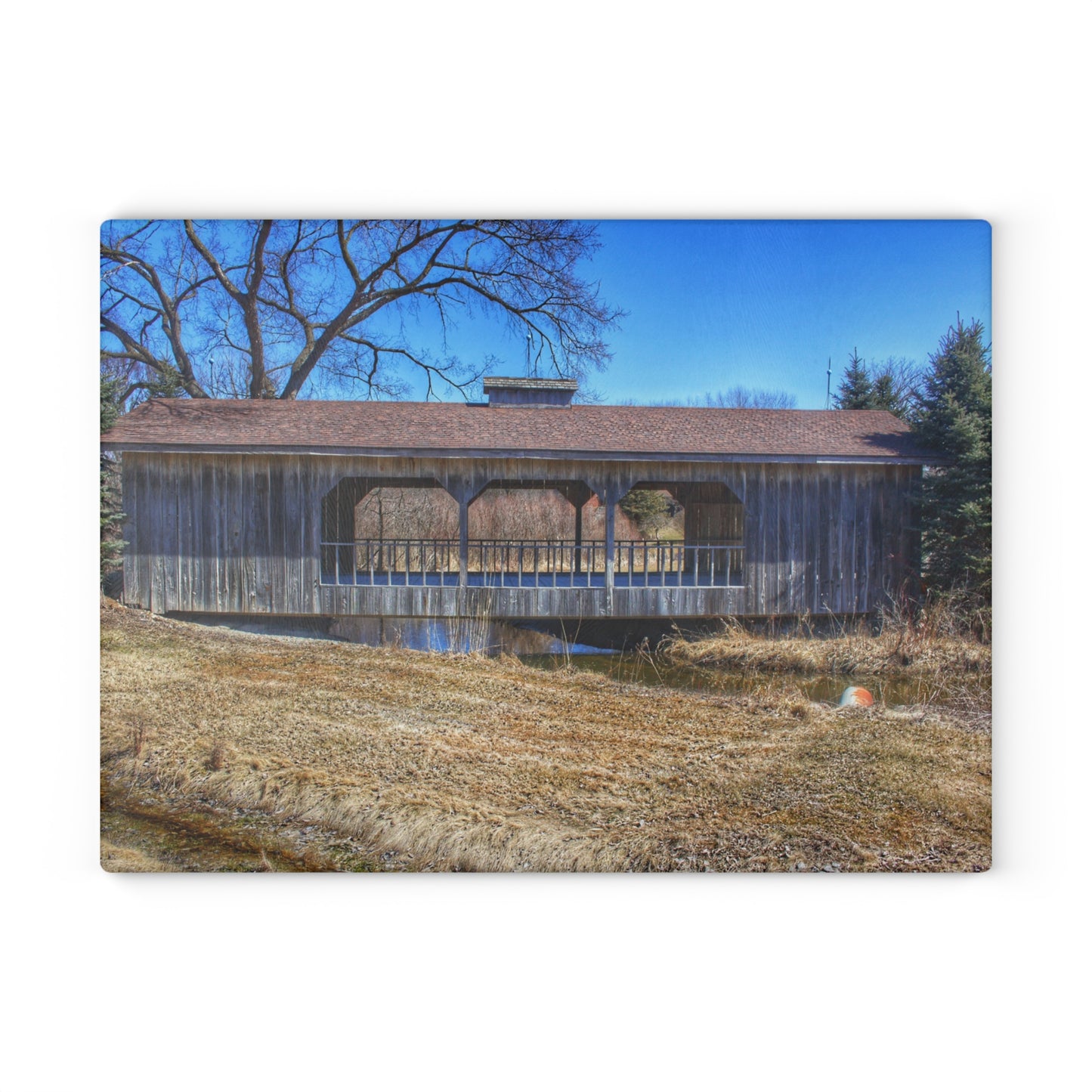 U R There Photography Covered Bridge of Campground Road II Rustic Farmhouse Tempered-Glass Cutting Board