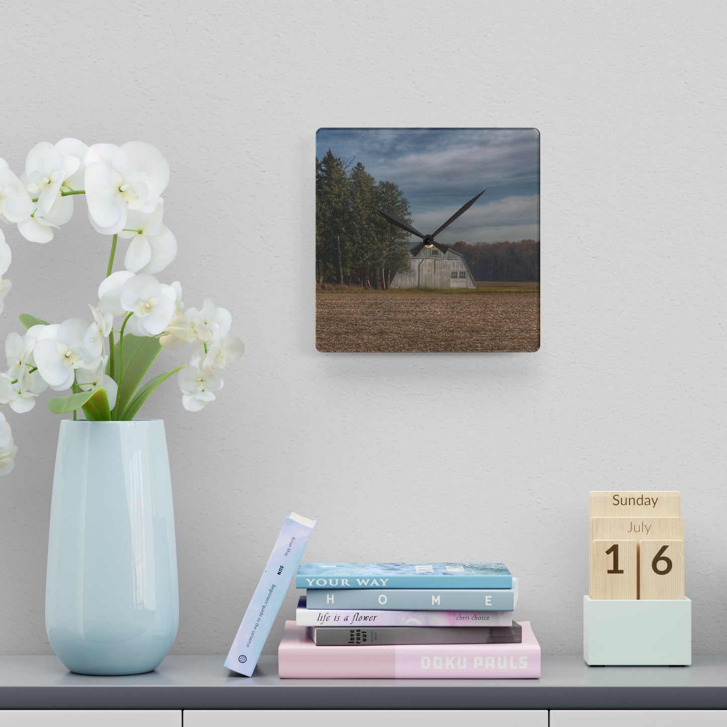 U R There Photography Grey Quonset Among the Pines Rustic Farmhouse Acrylic Analog Wall Clock