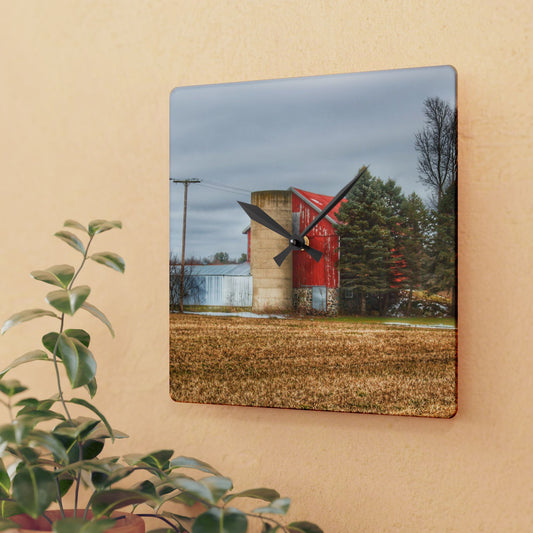 U R There Photography Laur Road Red Among the Pines I Rustic Farmhouse Acrylic Analog Wall Clock