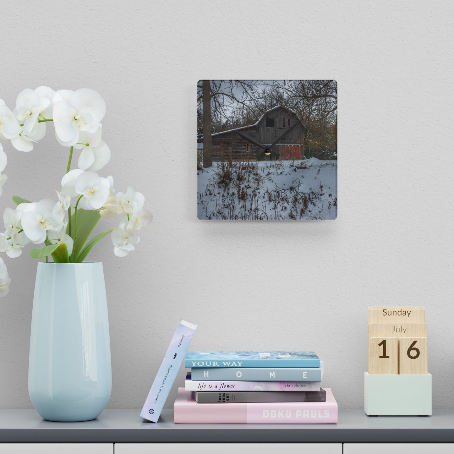 U R There Photography Hayes Road Grey in Winter II Rustic Farmhouse Acrylic Analog Wall Clock