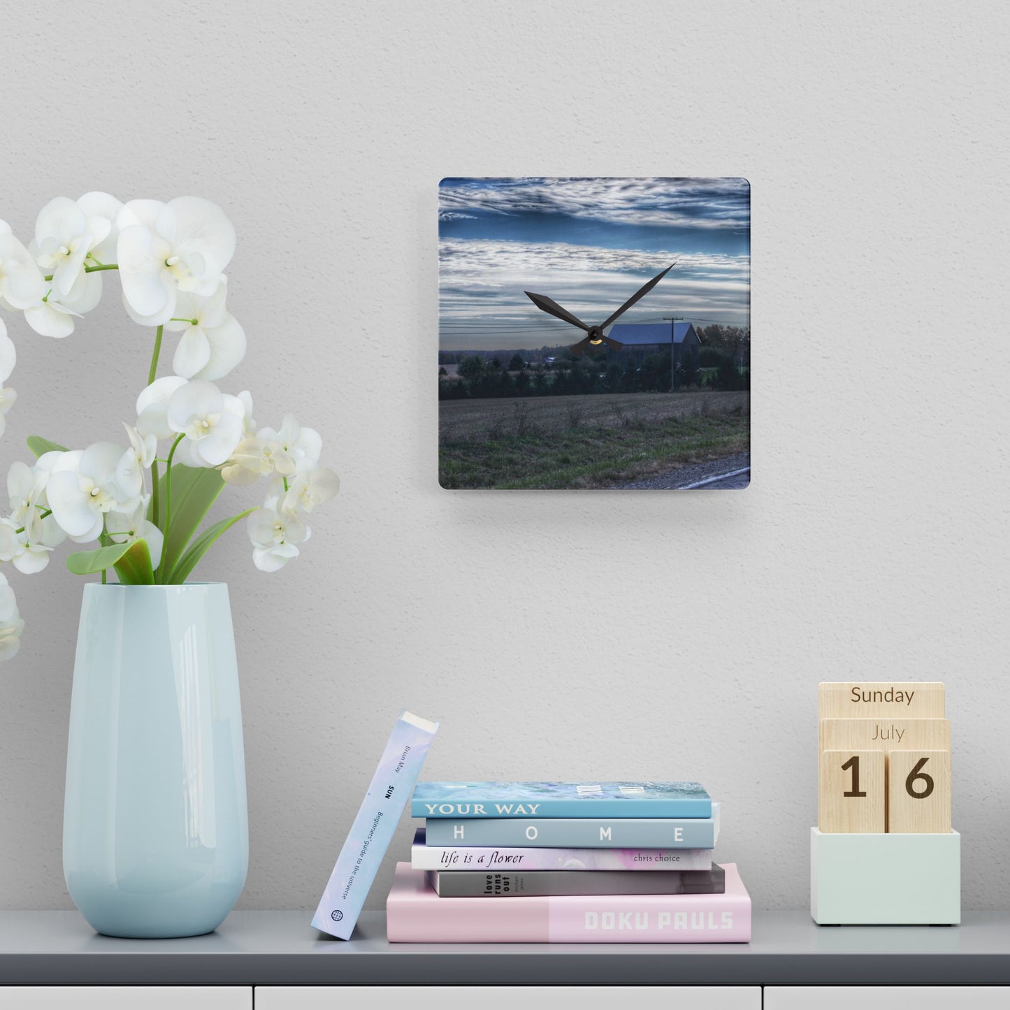 U R There Photography Burnside Road Grey Blues Rustic Farmhouse Acrylic Analog Wall Clock
