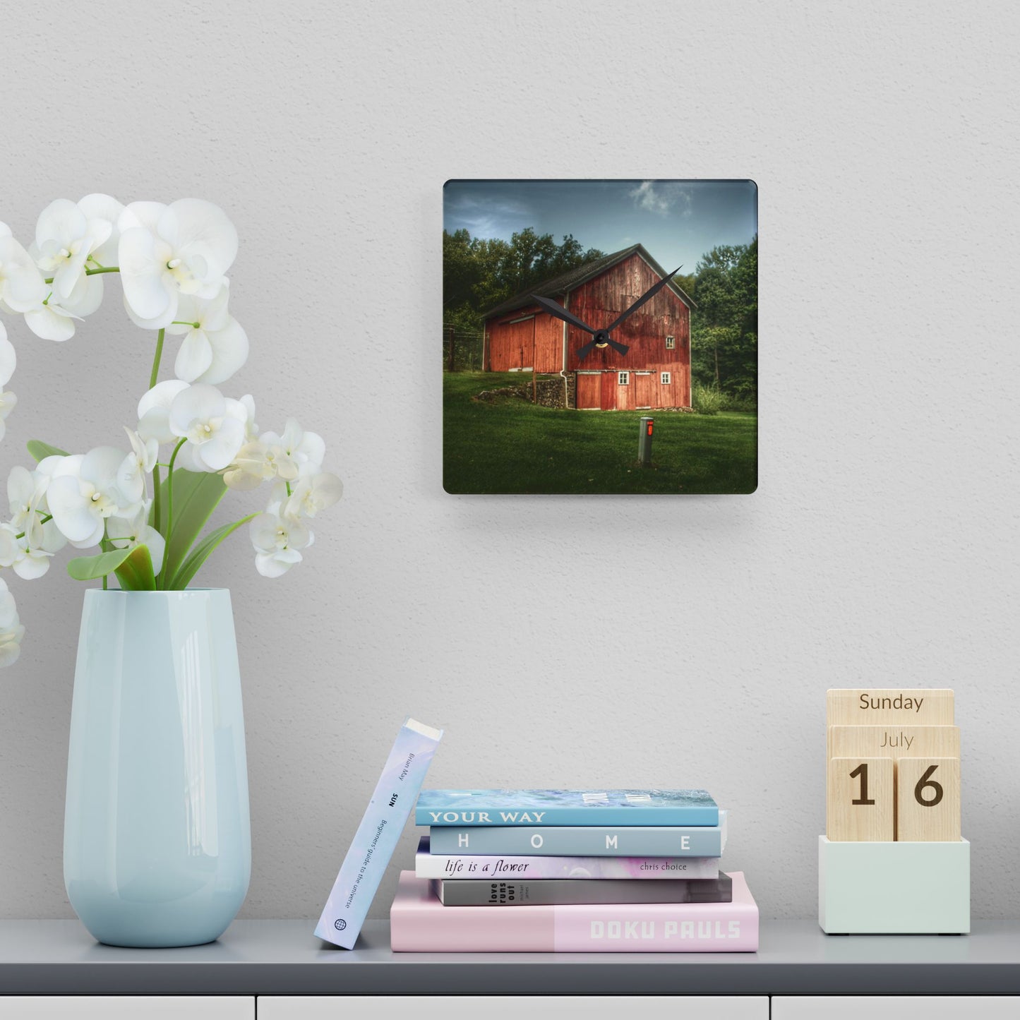 U R There Photography Buckhorn Lake Road Red Rustic Farmhouse Acrylic Analog Wall Clock