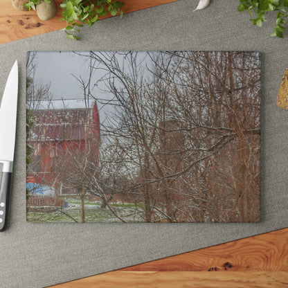 U R There Photography Hough Road Hidden Winter Red I Rustic Farmhouse Tempered-Glass Cutting Board