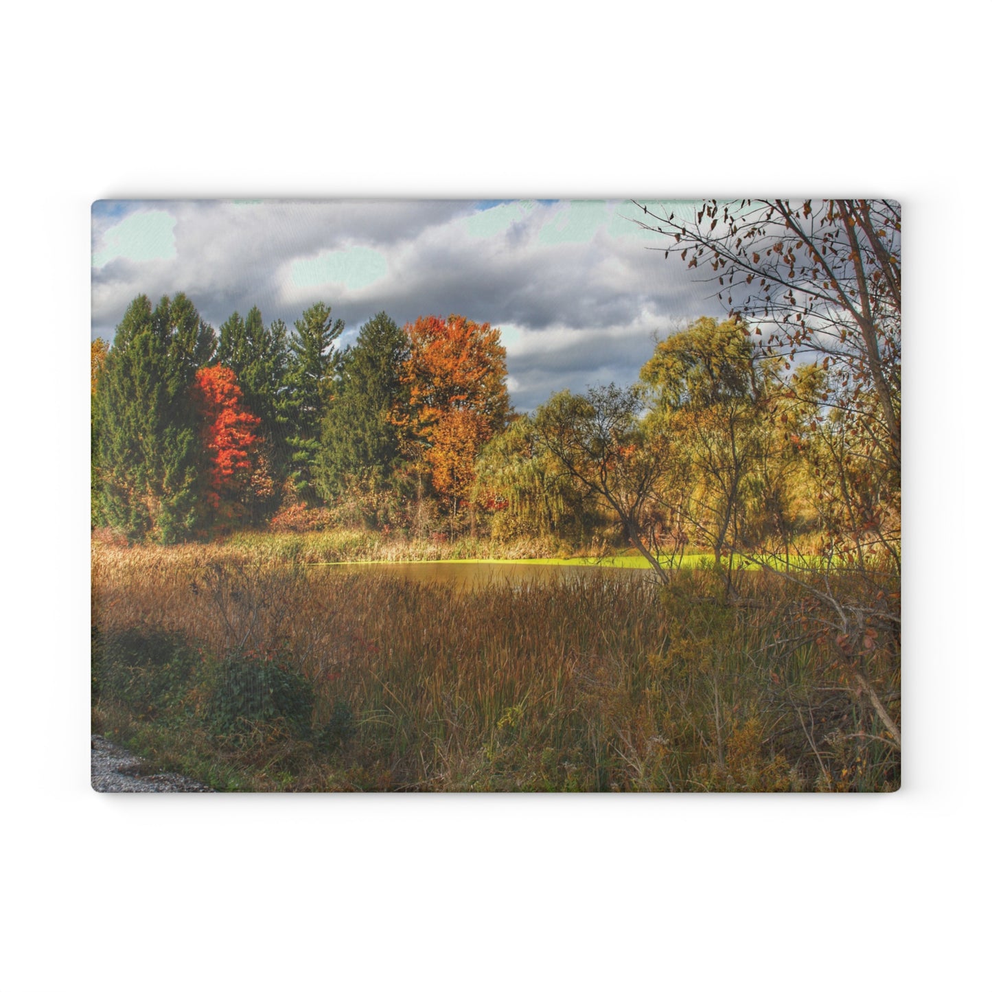 U R There Photography Fall Pond on Sutton Road Rustic Farmhouse Tempered-Glass Cutting Board