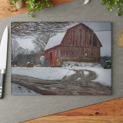 U R There Photography Marathon Road Red in Winter Rustic Farmhouse Tempered-Glass Cutting Board