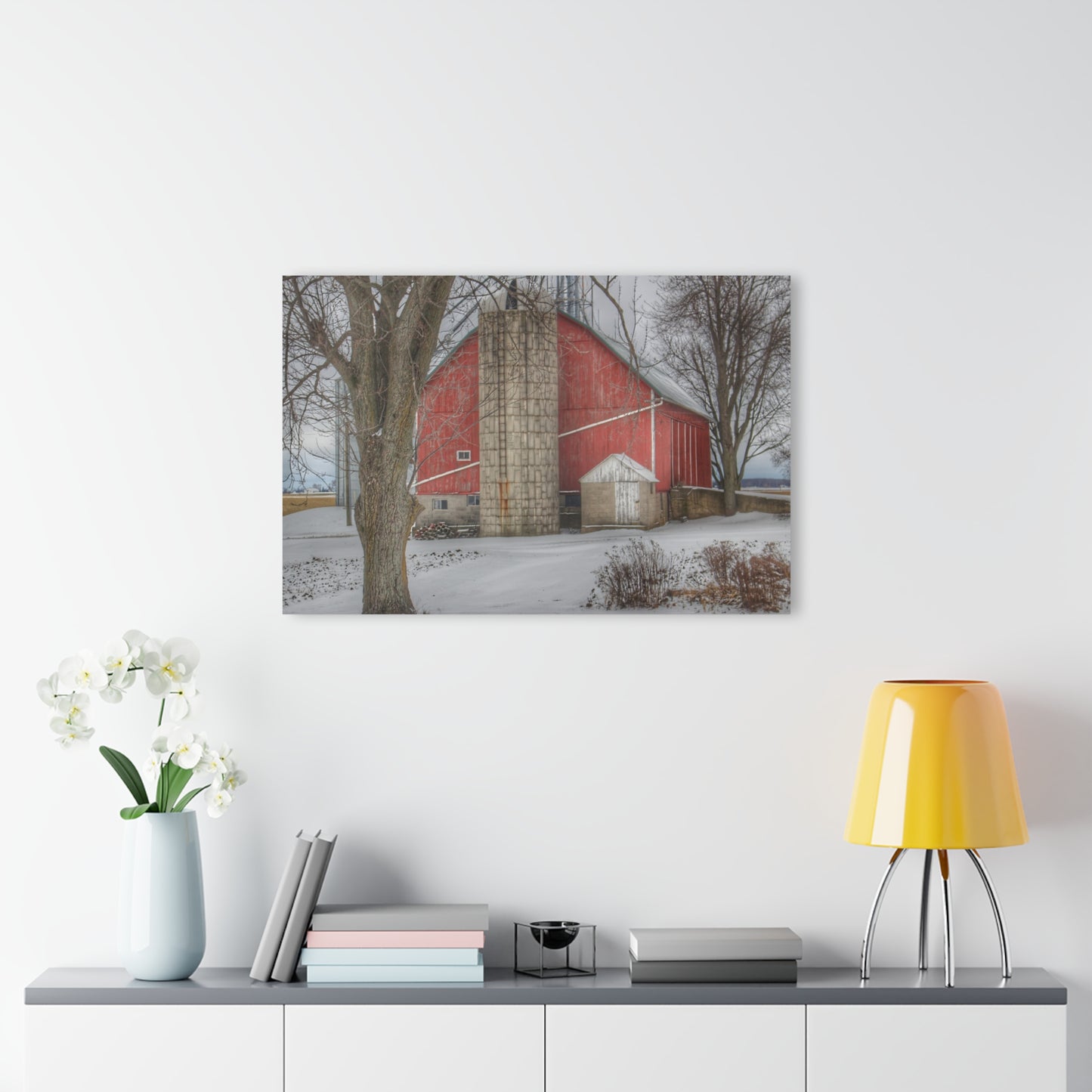 U R There Photography Frenchline Road Red in Winter Rustic Farmhouse Acrylic Wall Print