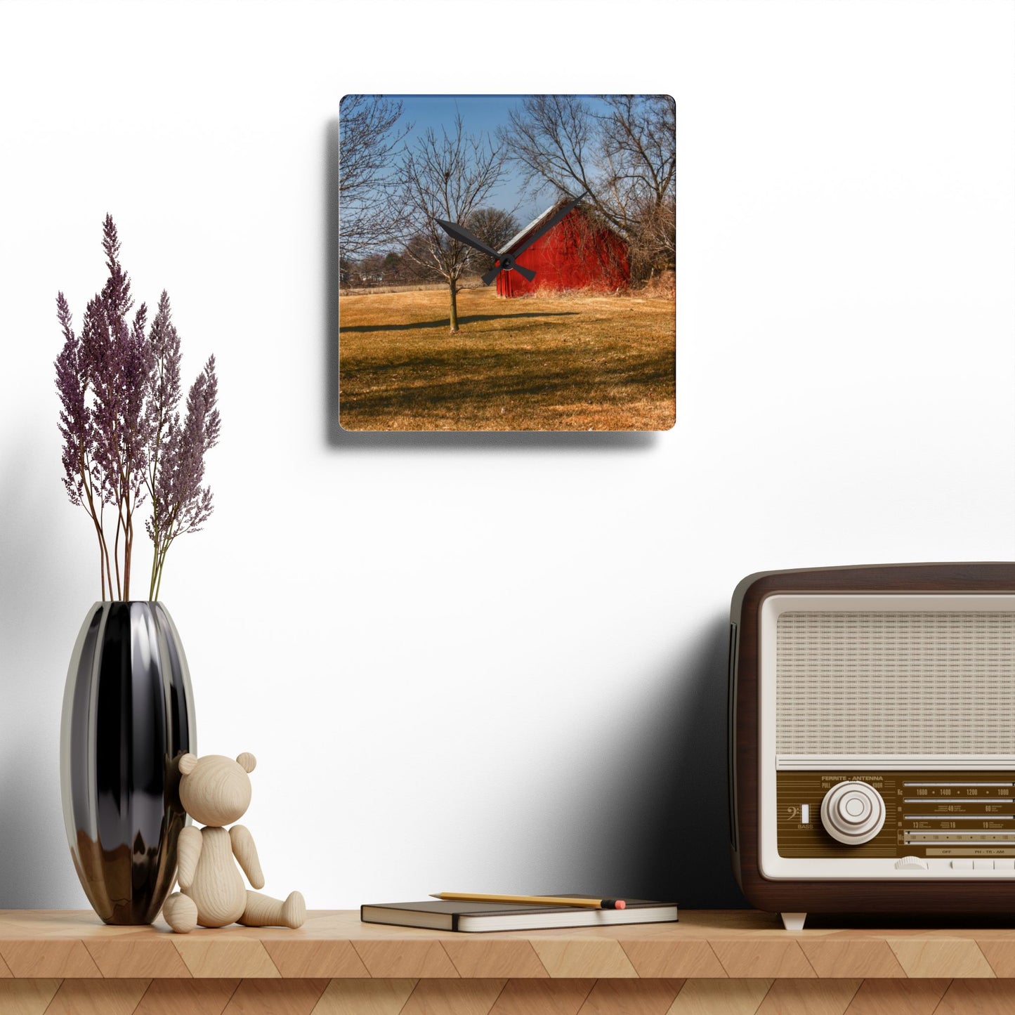 U R There Photography Romeo Plank Little Red Rustic Farmhouse Acrylic Analog Wall Clock