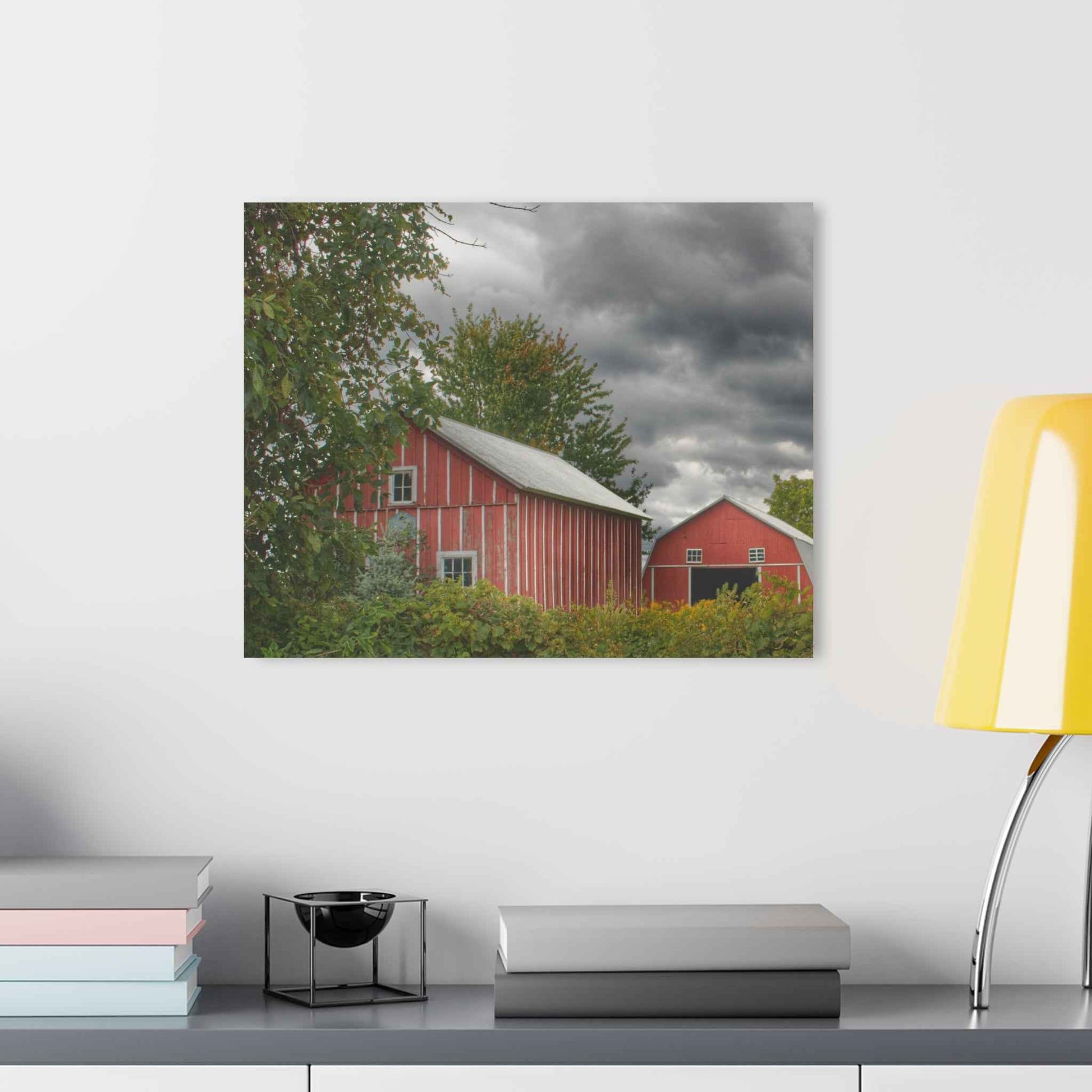 U R There Photography Pinstripe Barn and Buddy I Rustic Farmhouse Acrylic Wall Print