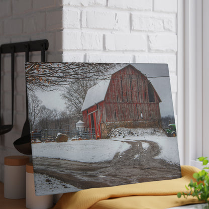 U R There Photography Marathon Road Red in Winter Rustic Farmhouse Tempered-Glass Cutting Board