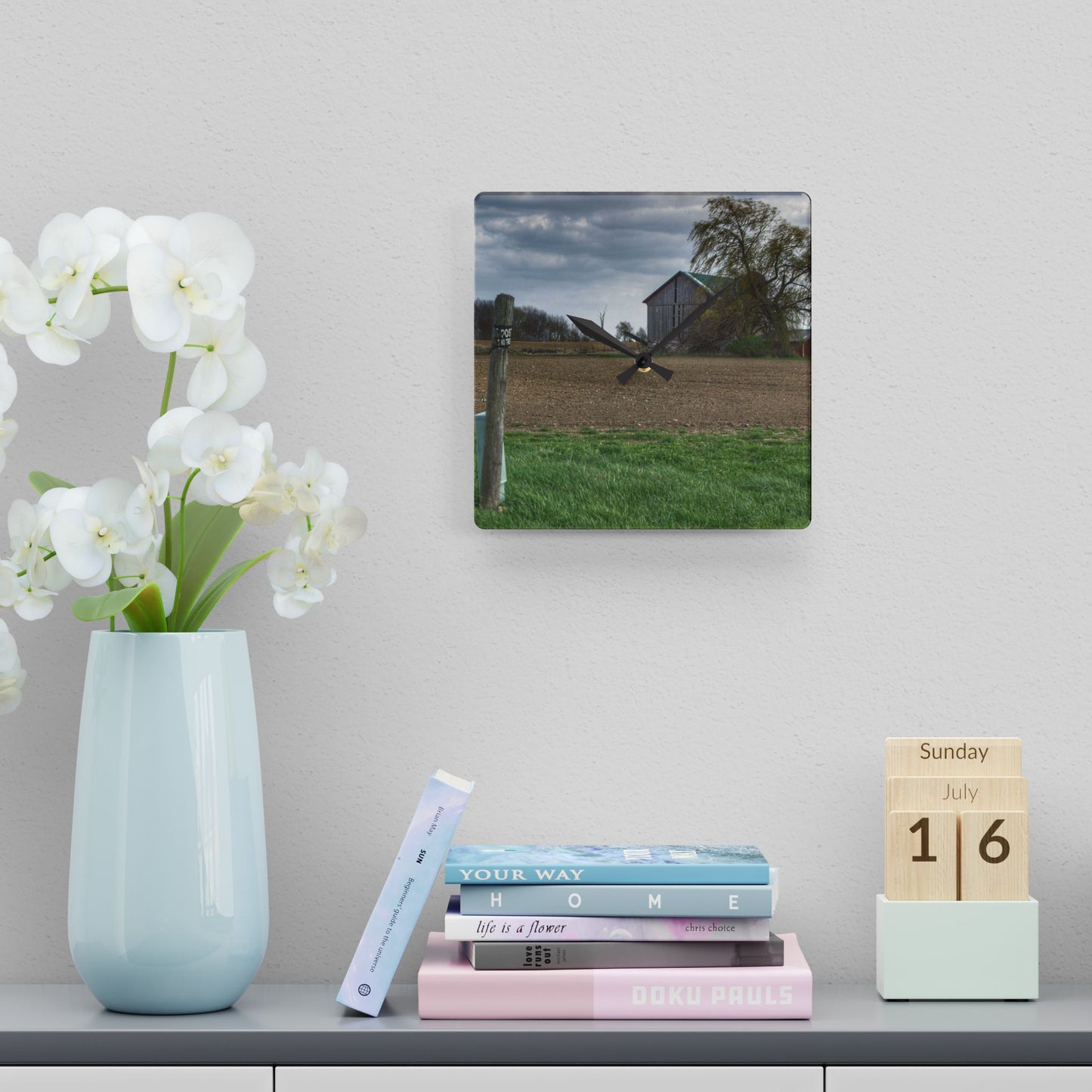 U R There Photography Cedar Creek Road Grey Rustic Farmhouse Acrylic Analog Wall Clock
