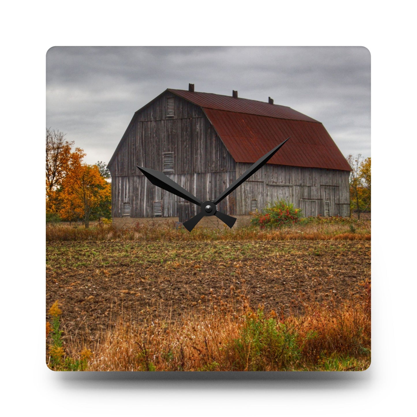 U R There Photography Sheridan Line Road Rusted Grey I Rustic Farmhouse Acrylic Analog Wall Clock