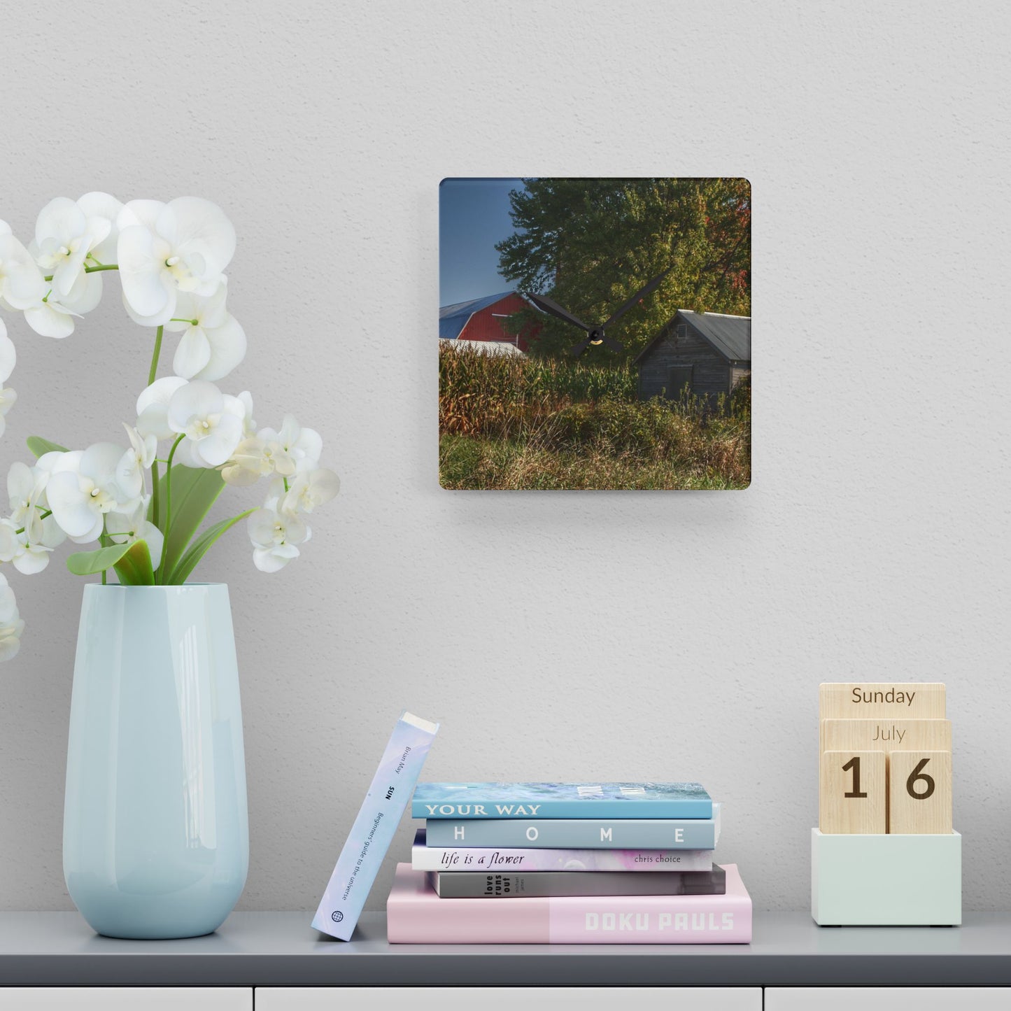 U R There Photography Barnes Road Hidden Red and Little Grey Rustic Farmhouse Acrylic Analog Wall Clock