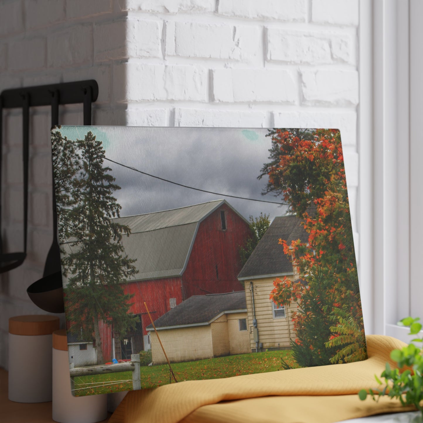 U R There Photography Farnsworth Road Red II Rustic Farmhouse Tempered-Glass Cutting Board