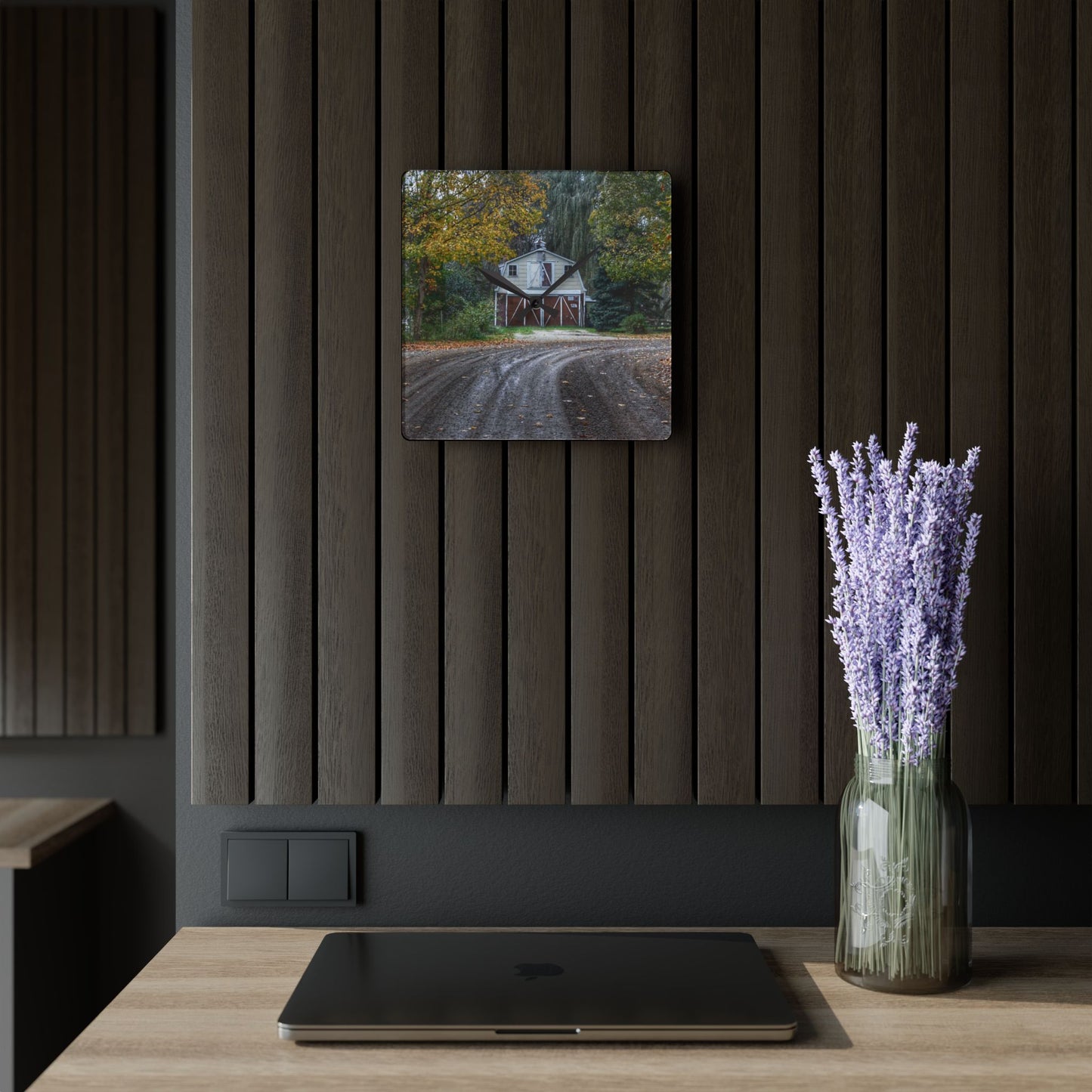 U R There Photography Barn at the Bend Rustic Farmhouse Acrylic Analog Wall Clock