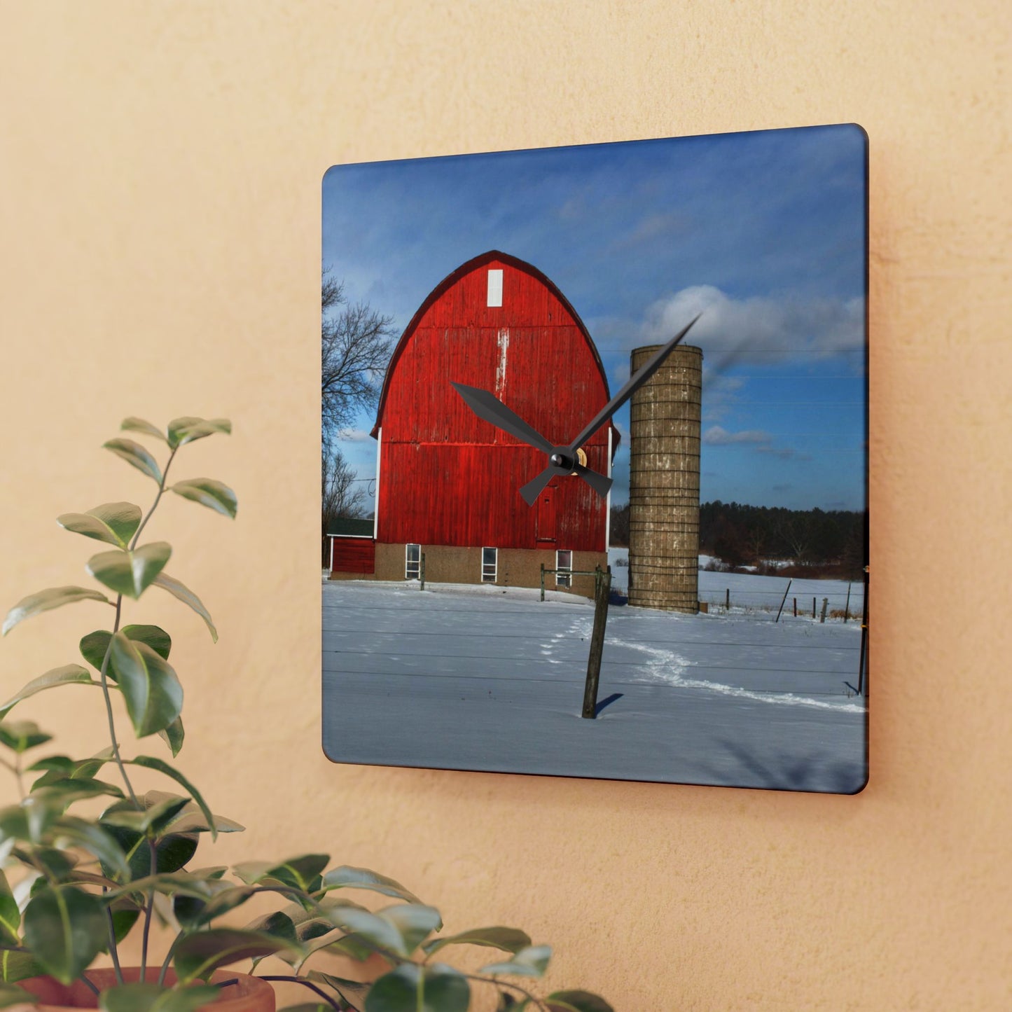 U R There Photography Barnes Road Winter Red Rustic Farmhouse Acrylic Analog Wall Clock
