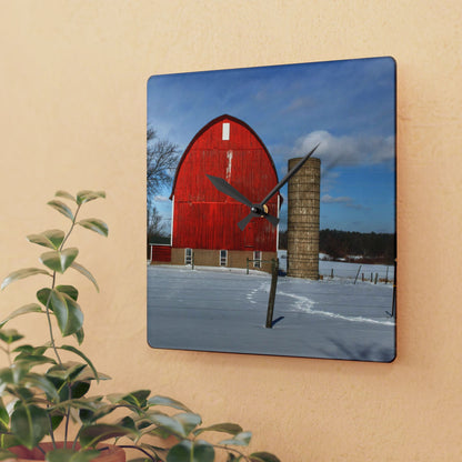 U R There Photography Barnes Road Winter Red Rustic Farmhouse Acrylic Analog Wall Clock