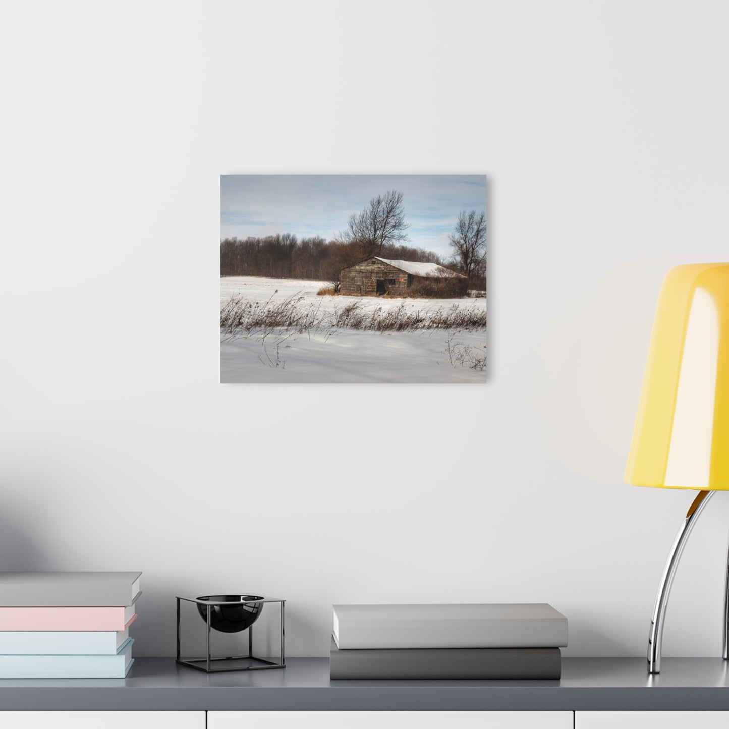 U R There Photography Frozen Grey Shack of Kingston Rustic Farmhouse Acrylic Wall Print