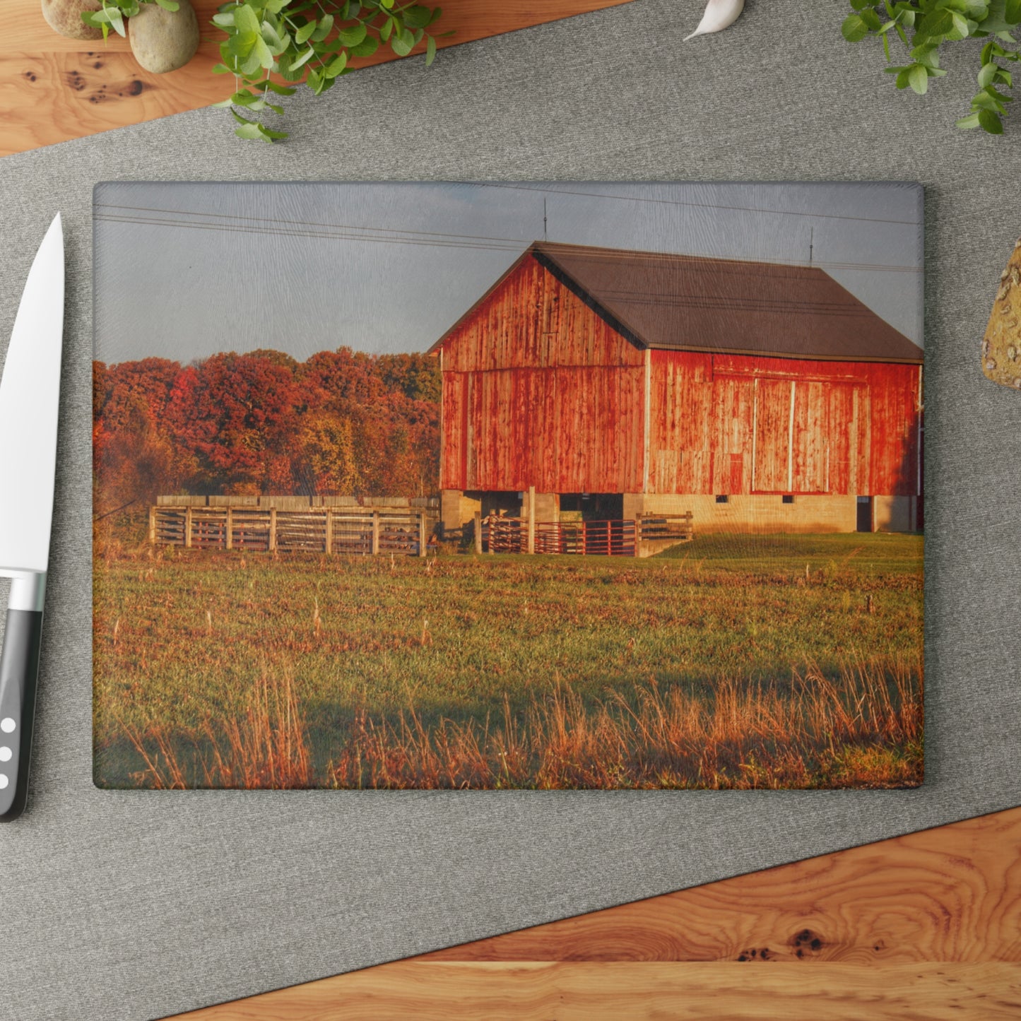 U R There Photography Lake Pleasant Corral Red II Rustic Farmhouse Tempered-Glass Cutting Board