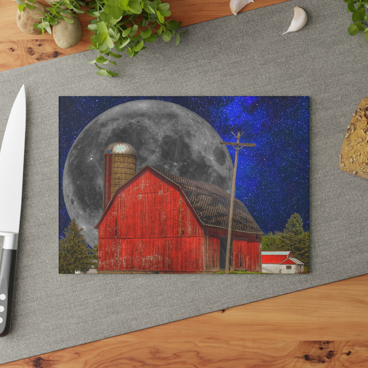 U R There Photography Moon over Hollenbeck Rustic Farmhouse Tempered-Glass Cutting Board