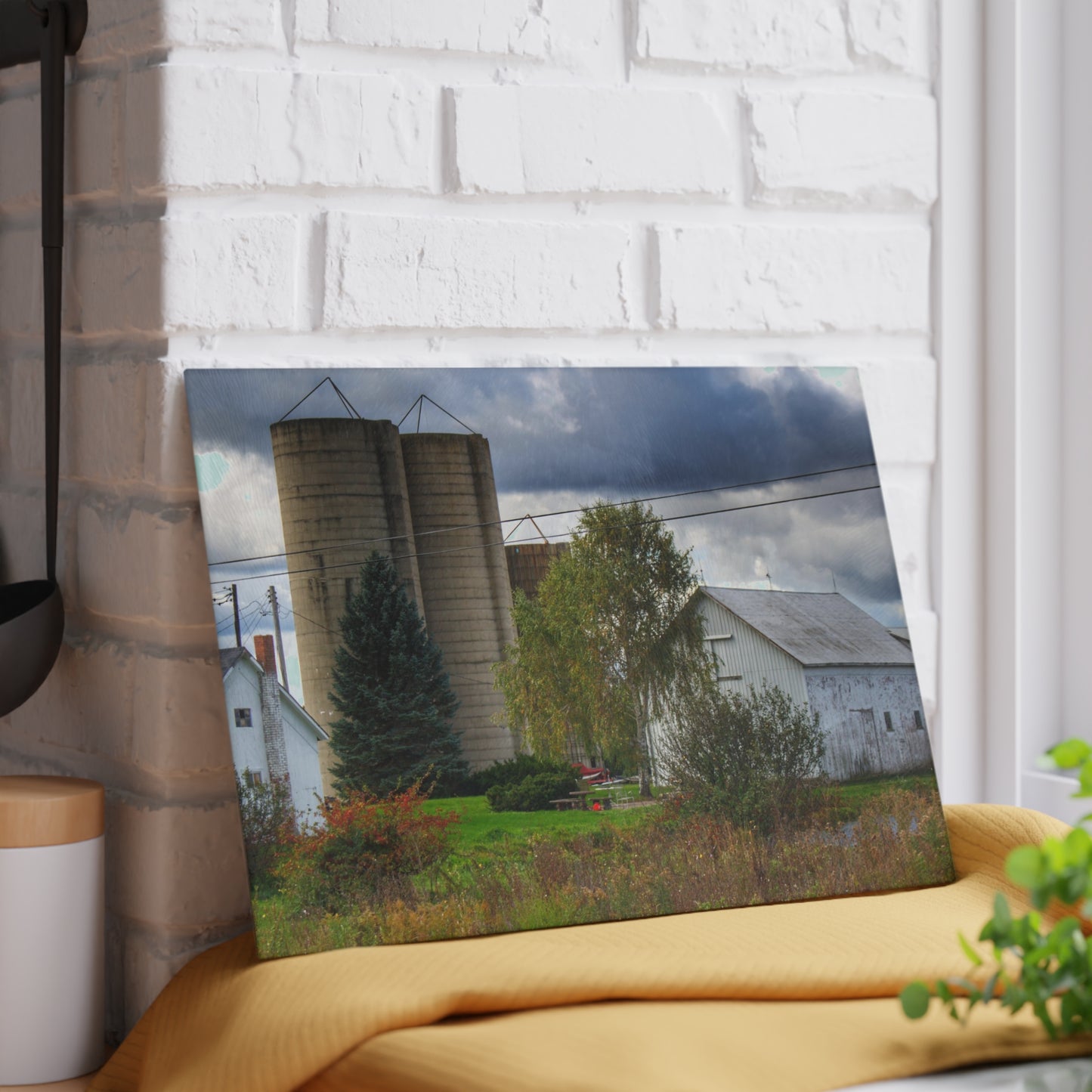U R There Photography Baldwin White and Silo Rustic Farmhouse Tempered-Glass Cutting Board