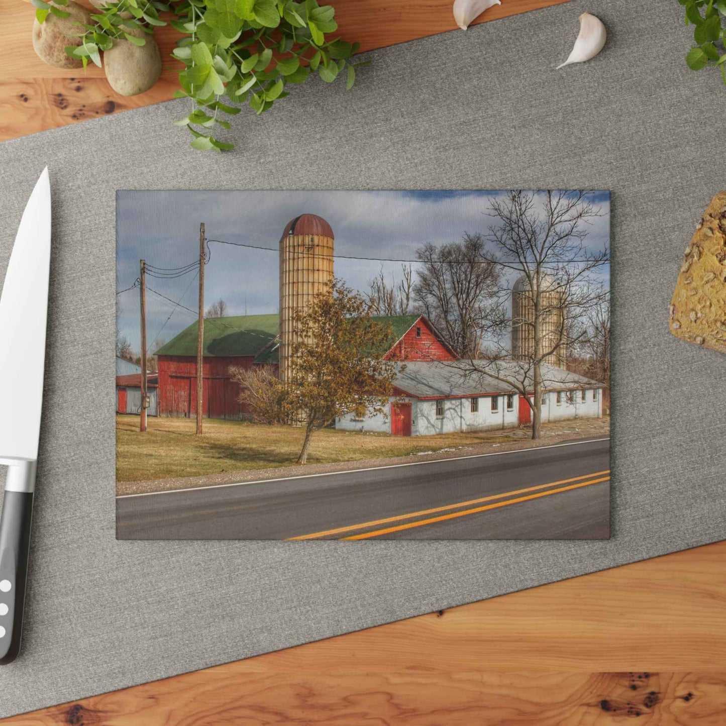 U R There Photography Newark Road Red and Silos III Rustic Farmhouse Tempered-Glass Cutting Board 8"x 11"