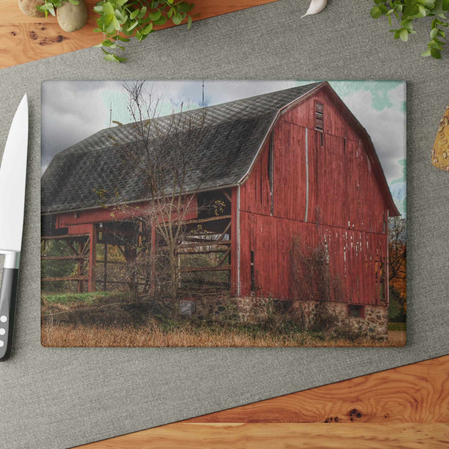 U R There Photography Laur Road Forgotten Red II Rustic Farmhouse Tempered-Glass Cutting Board