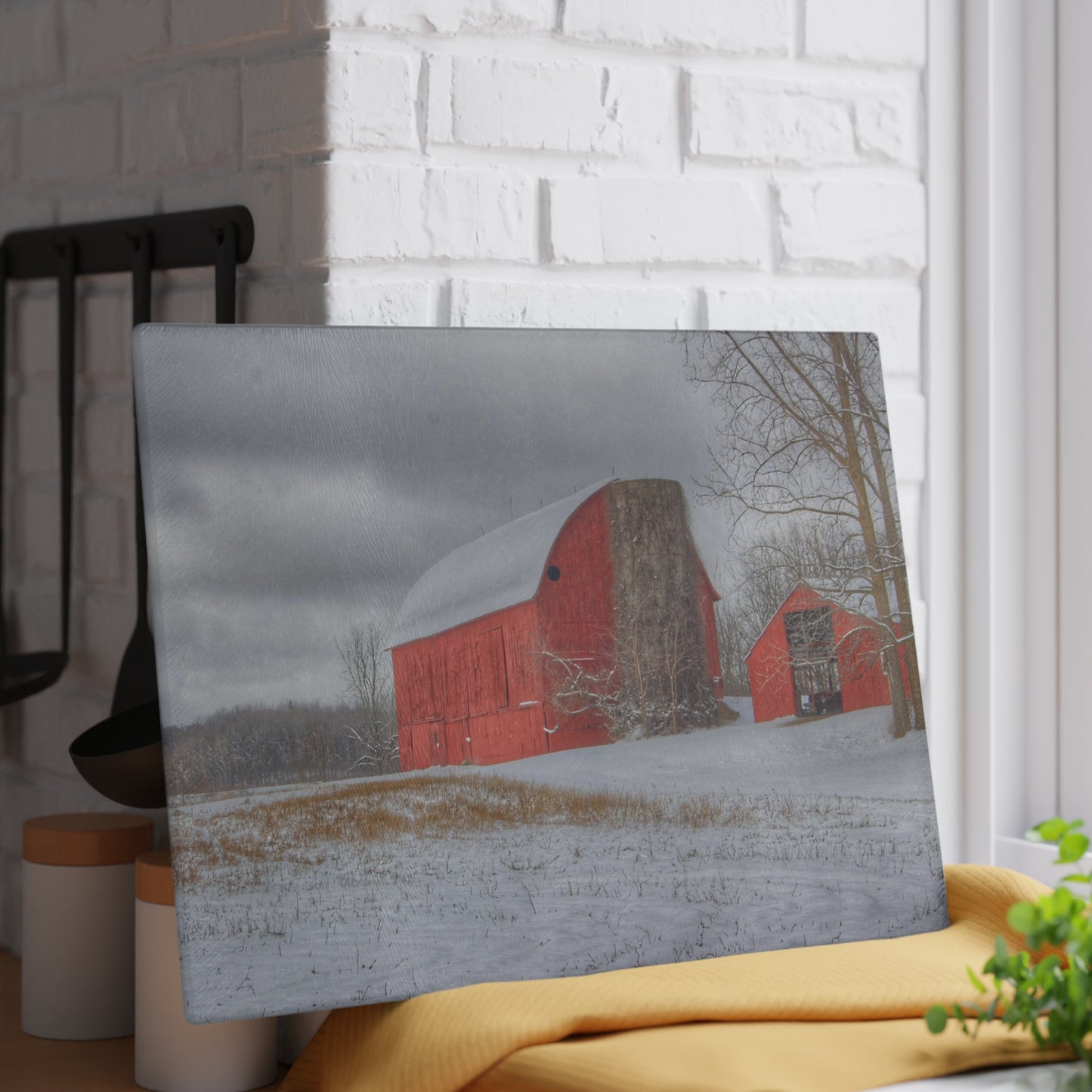 U R There Photography Catlin Reds in Winter II Rustic Farmhouse Tempered-Glass Cutting Board