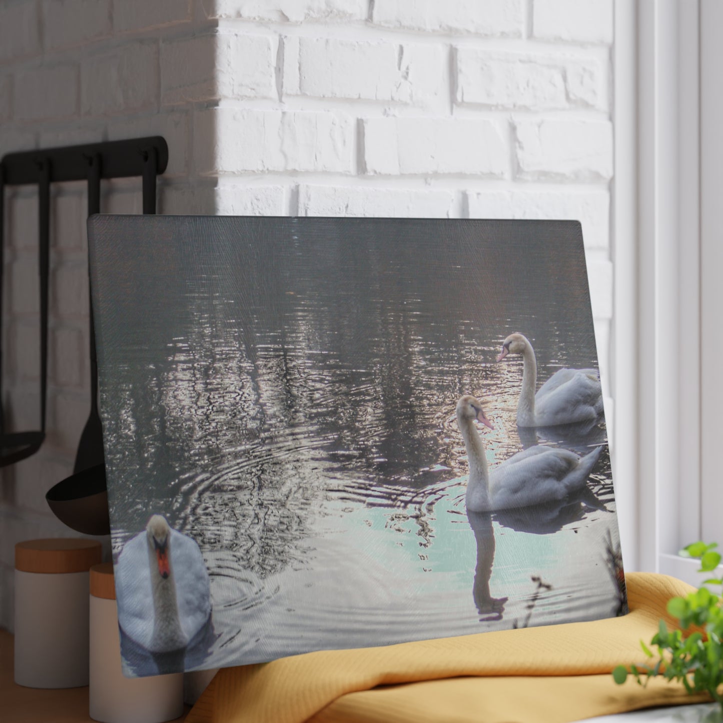 U R There Photography Swans of Duck Lake II Rustic Farmhouse Tempered-Glass Cutting Board