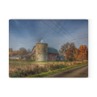 U R There Photography Plumb Creek Road Red in Fall I Rustic Farmhouse Tempered-Glass Cutting Board